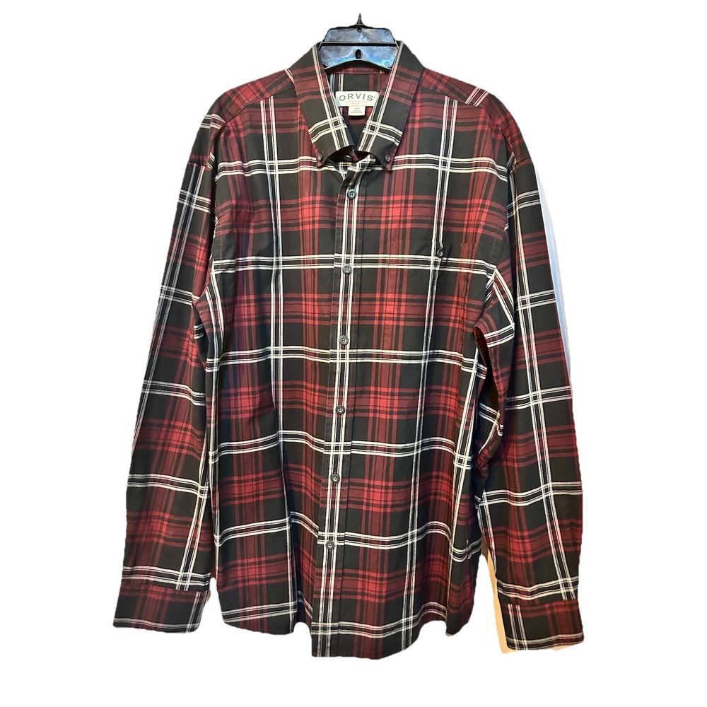 Orvis Shirt Mens Size‎ Large Black Red Plaid Button Down Long Sleeve EUC